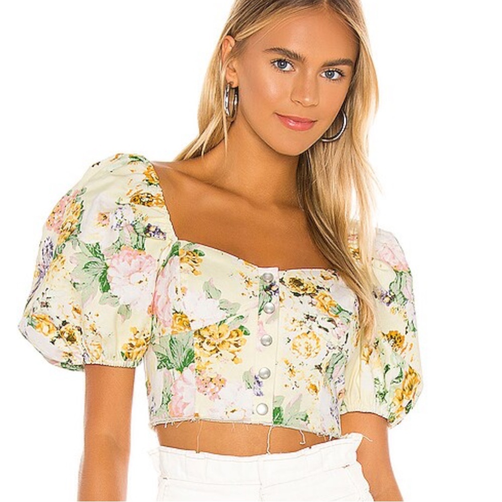 For Love And Lemons Chamomile Denim Crop Top In Buttercreme